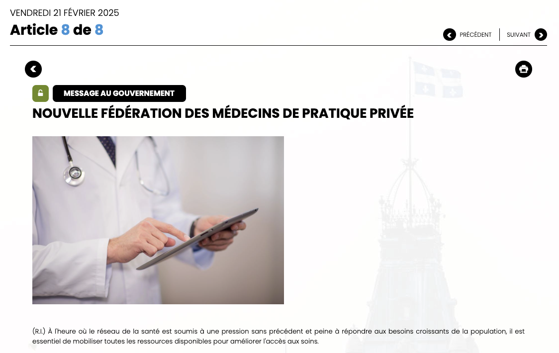 Courrier Parlementaire : Nouvelle fédération des médecins de pratique privée (21 février)